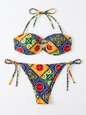 SHEIN Multicolor Geometric Print Bikini - Yellow, Blue, Red, Green